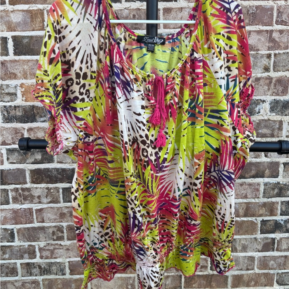 Elastic Waist Multicolor Tropical Print Blouse Lime green pink